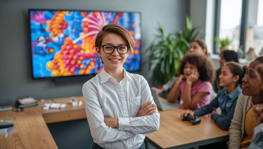 Confident teen leader presenting with glasses in modern classroom tech environment