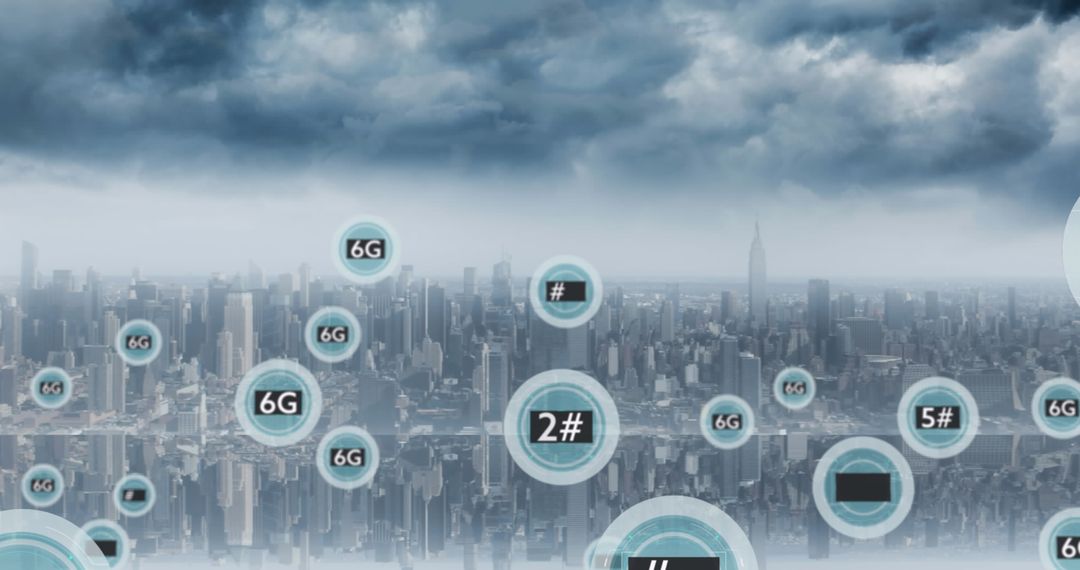 Cityscape with 6G Network Concept and Digital Interface