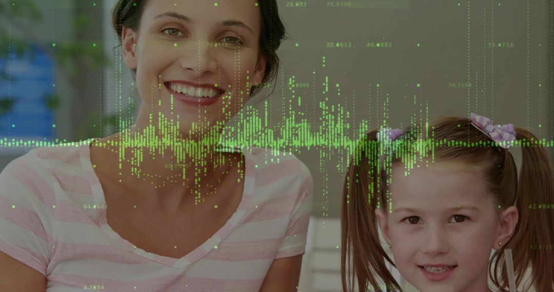 Smiling Mother and Daughter with Digital Waveform Overlay