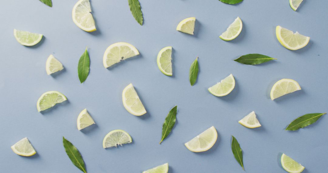 Image of slices of lemon and mint leaves lying on blue background - Free Images, Stock Photos and Pictures on Pikwizard.com