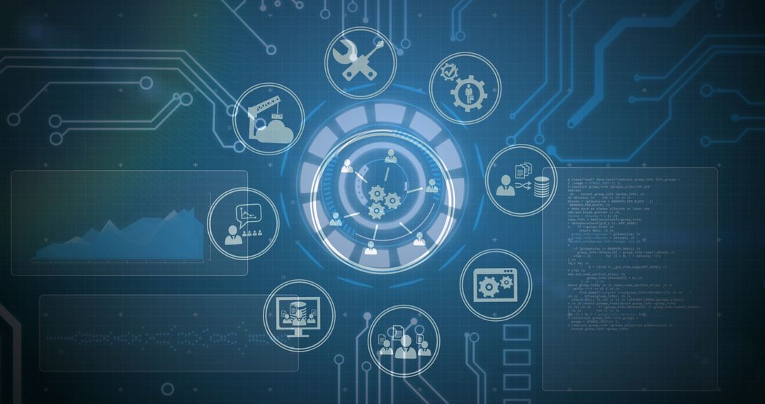 Digital Networking Tech Icons on Blue Circuit Background