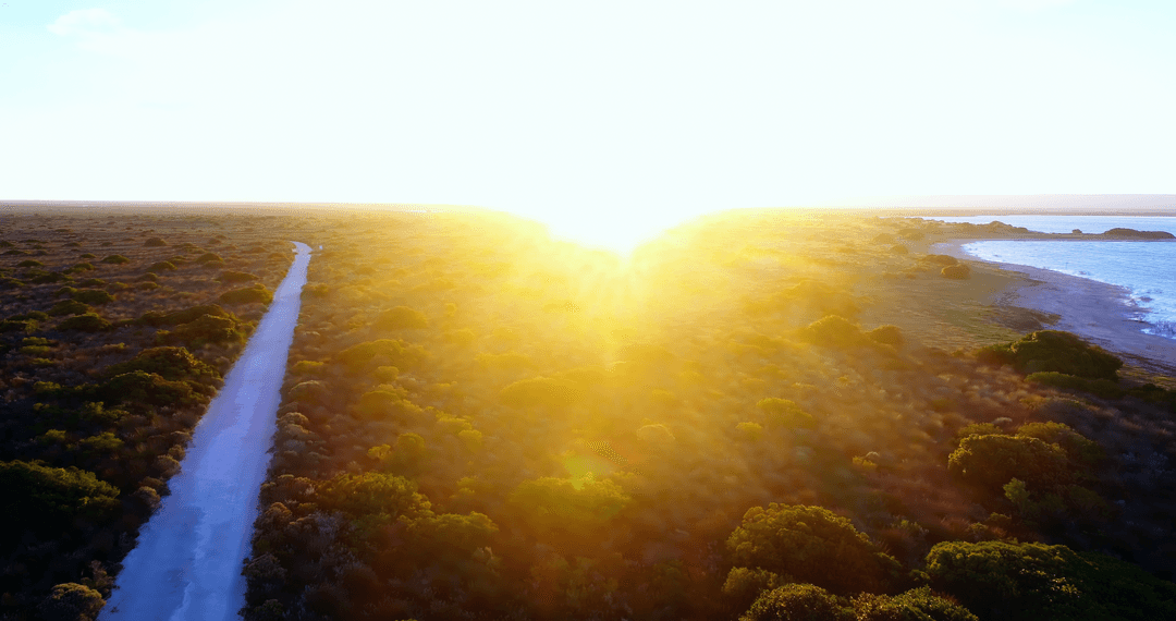 Drone Capturing Sunrise Over Remote Beach in Tranquil Scene with Transparent Sky