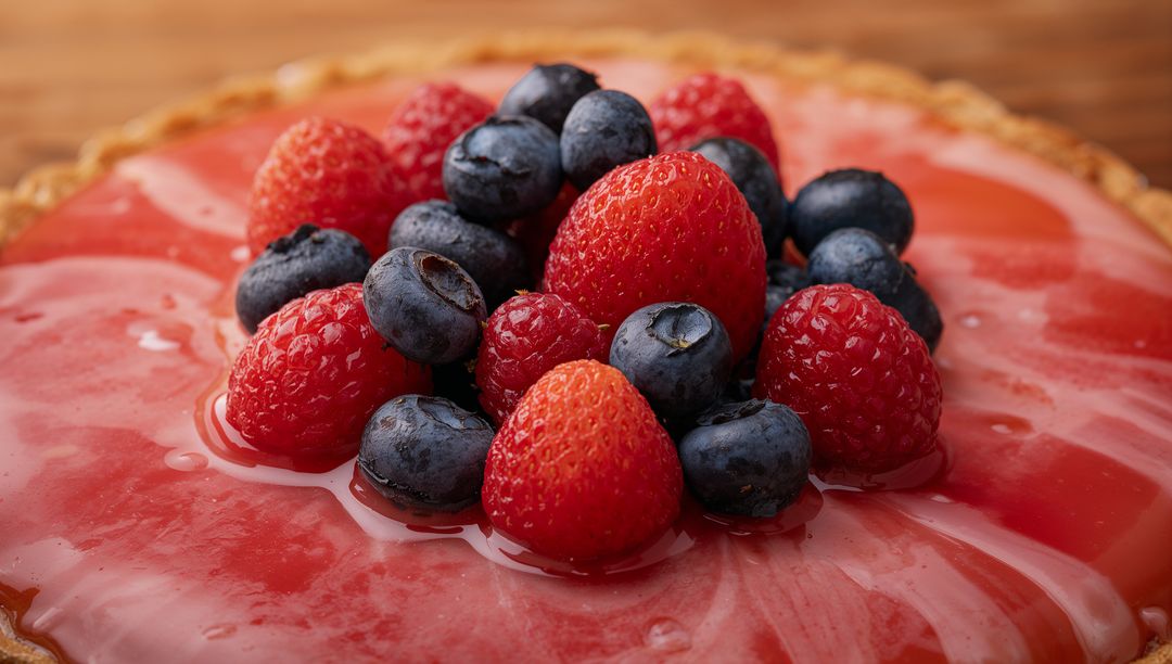 Glistening Berry Tart Featuring Strawberries Blueberries and Raspberry Glaze Closeup