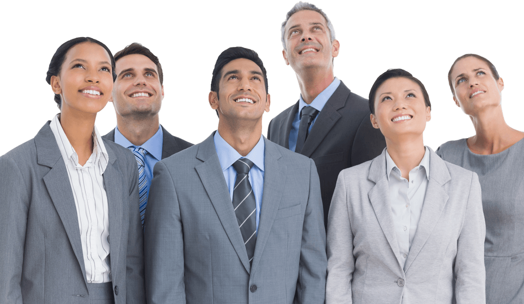 Transparent Group of Professionals Looking Upward in Office