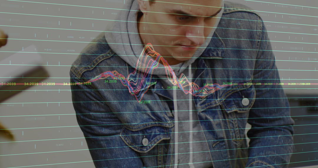 Man Analyzing Data with Vintage Style Neon Chart Overlay