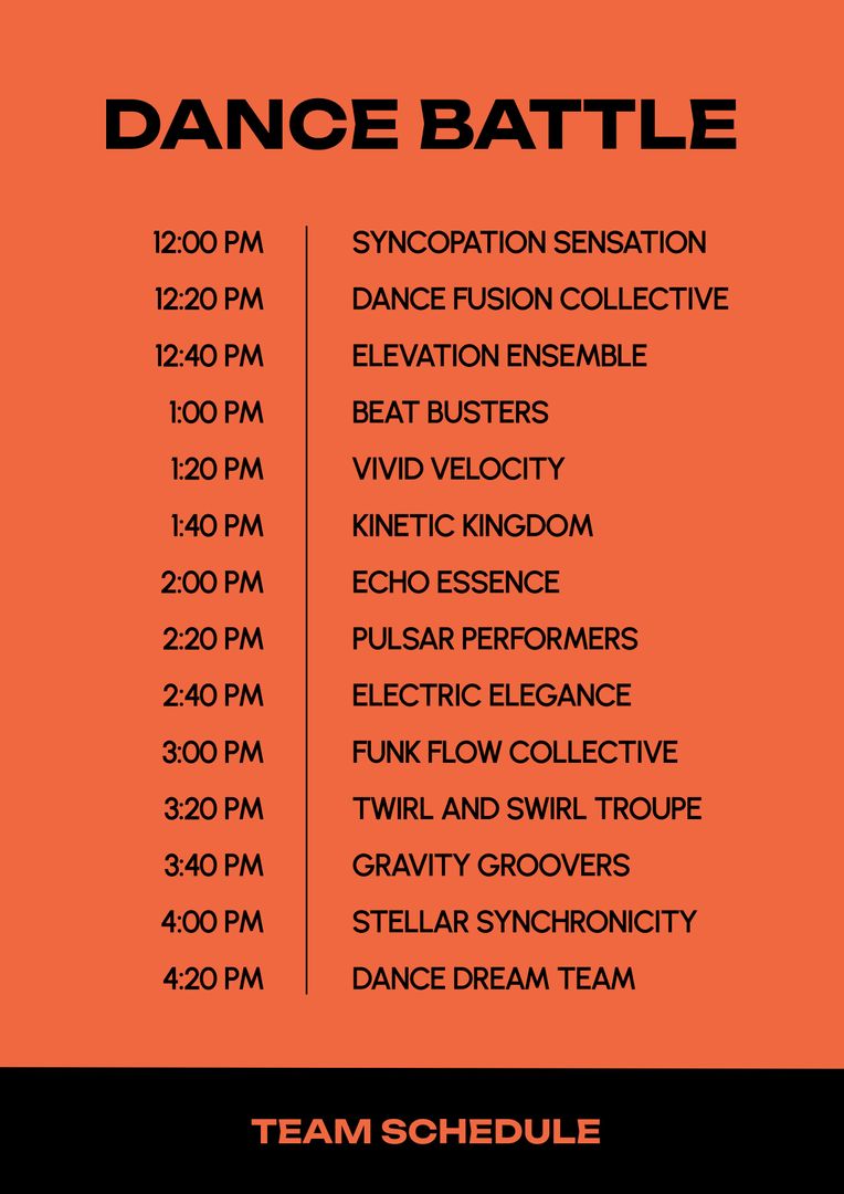 Energetic Dance Battle Team Schedule on Orange Background - Download Free Stock Templates Pikwizard.com