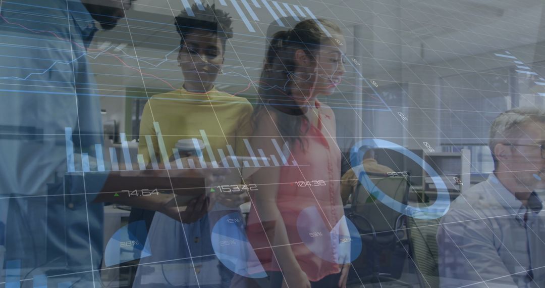 Team Analyzing Business Data with Virtual Interface in Modern Office