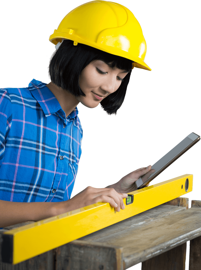 Female Architect Using Transparent Level Tool on Construction Site