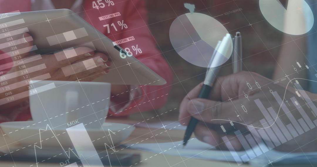 Business Team Analyzing Data with Digital Overlay and Tablets