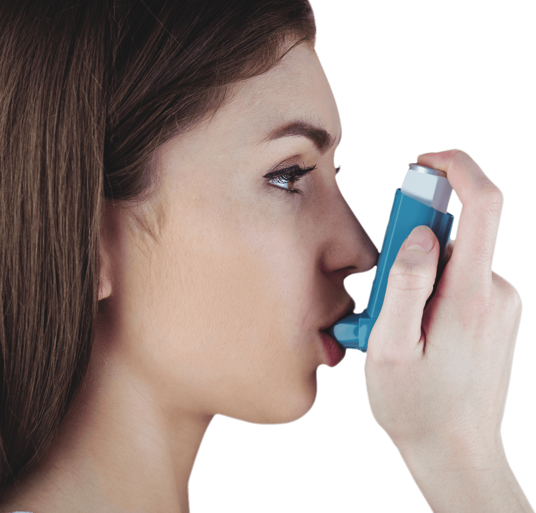 Transparent Portrait Woman Using Asthma Inhaler