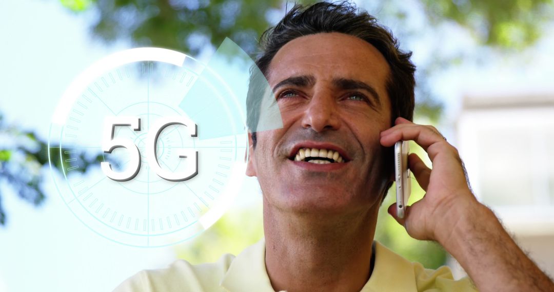 Smiling Man Using Smartphone with 5G Hologram Overlay