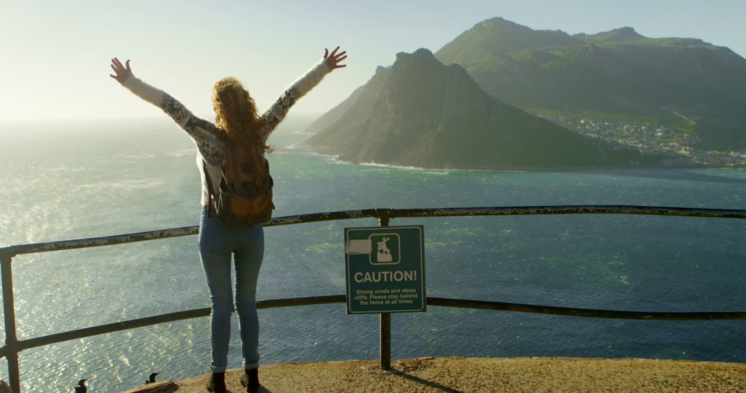 Woman celebrating scenic view on mountain lookout - Free Images, Stock Photos and Pictures on Pikwizard.com