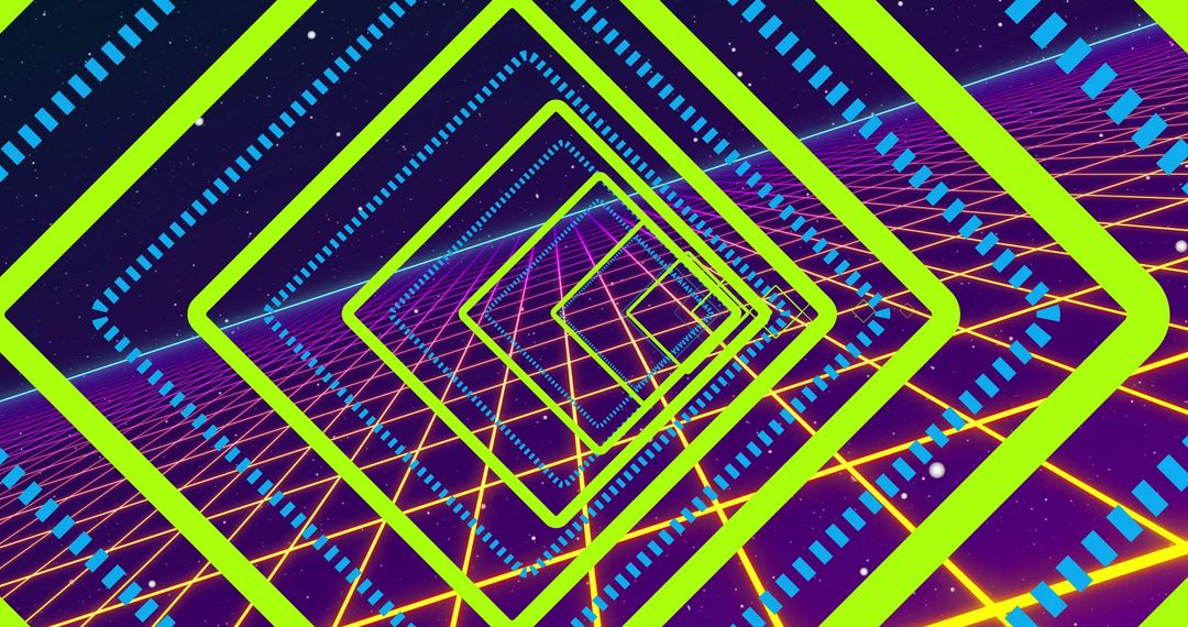 Futuristic Neon Tunnel with Spinning Square Frames in Cyberspace