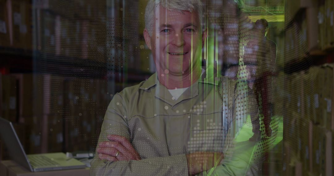Confident Senior Warehouse Worker with Digital Interface Overlay