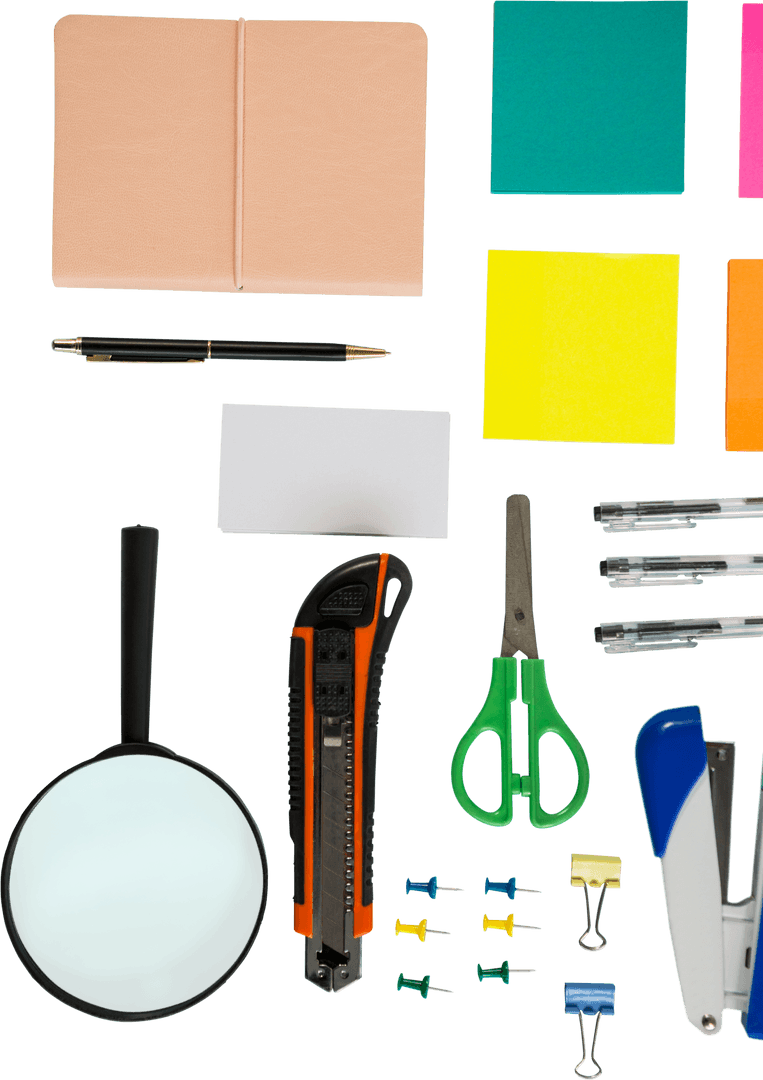 Transparent Collection of Vibrant Office Stationery Essentials