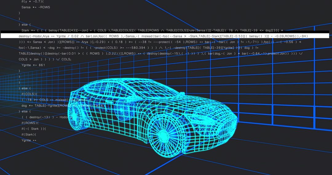 Futuristic Wireframe Car Model with Code Overlay in Cyber Studio