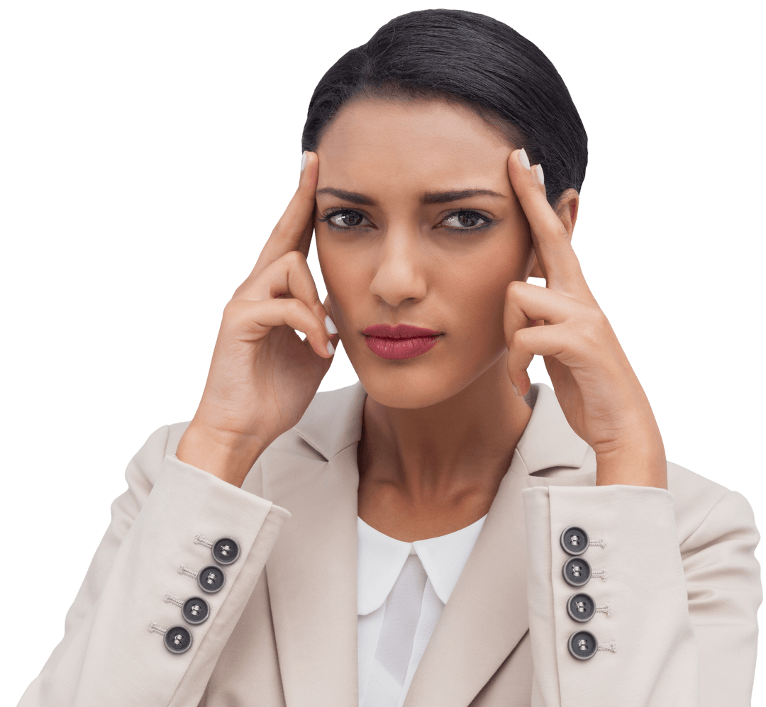 Determined Businesswoman Concentrating with Fingers on Temples, Transparent Background