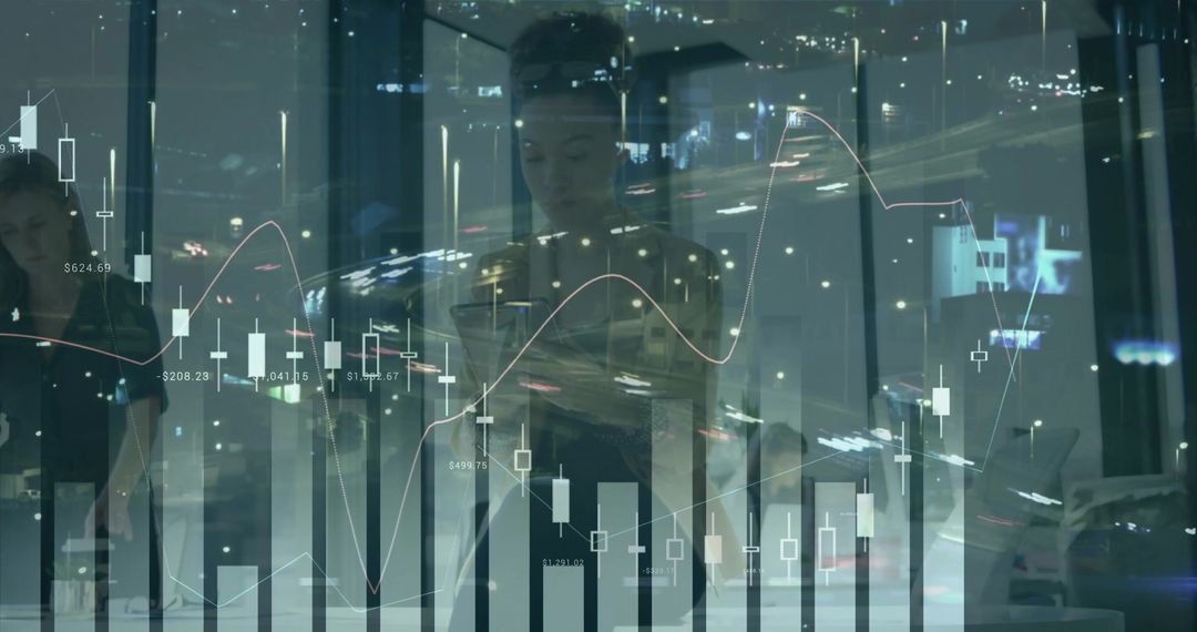 Businesswoman Reviewing Financial Data on Tablet with Overlaid Charts and City Nightscape