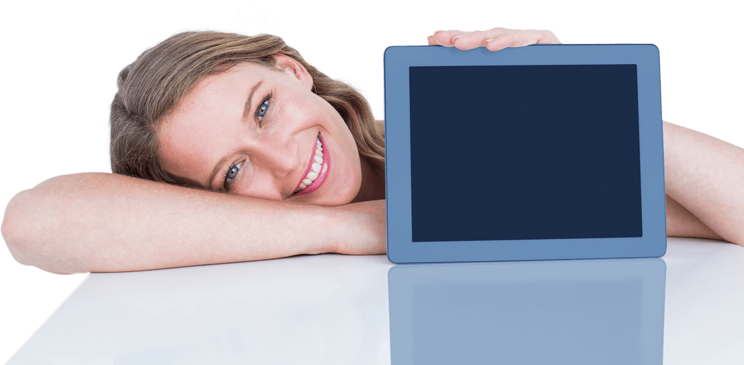 Smiling Woman Holding Blank Screen Tablet Display Over Surface