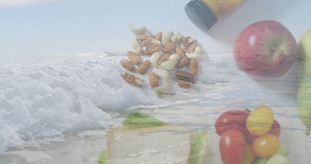 Healthy Snack Selection on Serene Beach Overlay