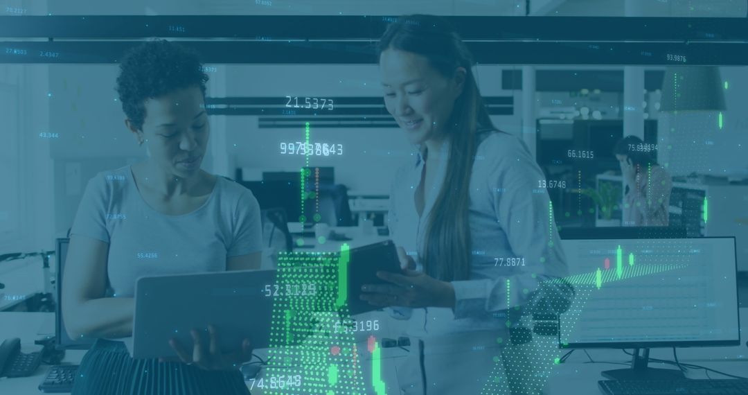 Diverse Coworkers Analyzing Reports With Financial Graph Overlays