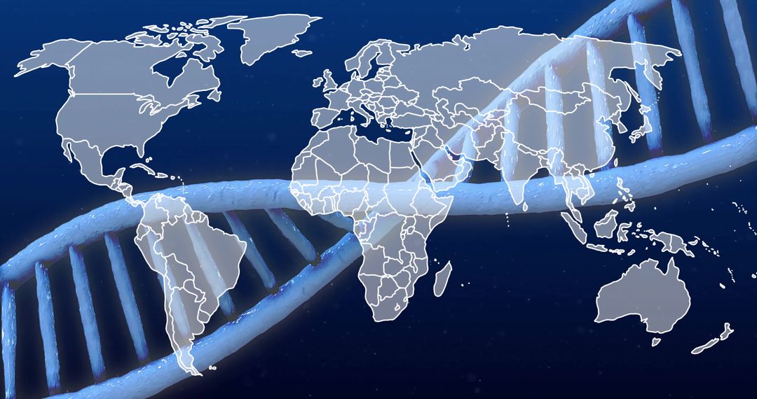 DNA Strand Over World Map on Blue Background Symbolizing Global Research