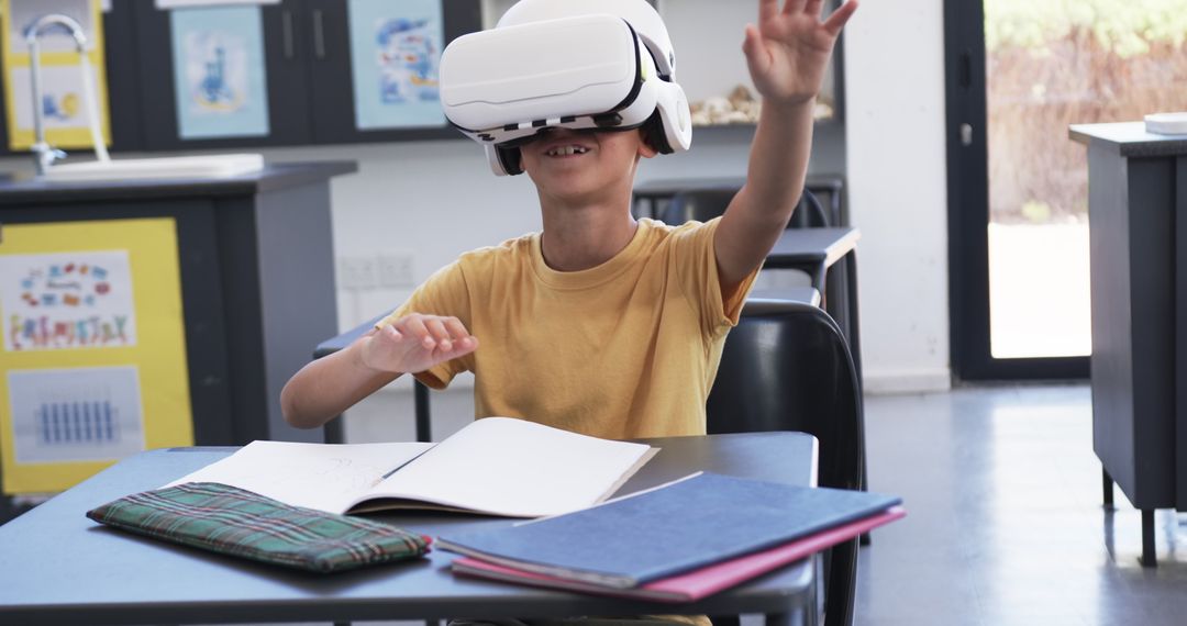 Boy Engaged with Virtual Reality in Classroom Setting