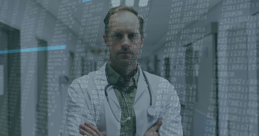 Doctor Stands Behind Streaming Code Symbolizing Medical Technology Integration