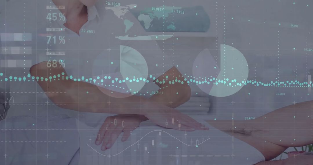 Multiracial Female Doctor and Patient with Financial Data Overlay