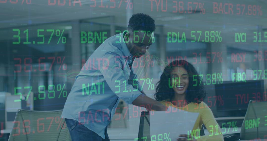 Mixed-Race Business Team Analyzing Digital Stock Market Data