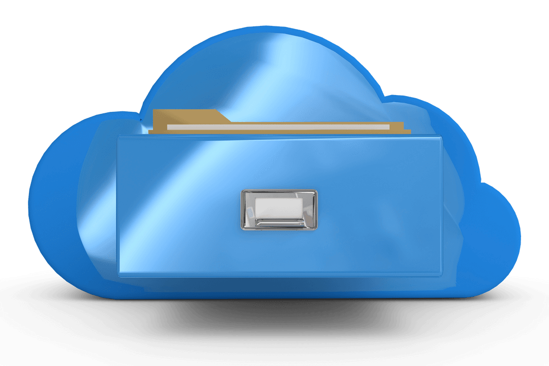 Digital Cloud Storage Illustration with Open Tray on Transparent Background