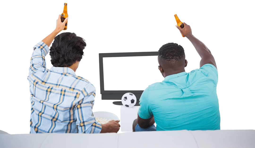 Cheering Fans Raising Beers Watching Transparent Screen