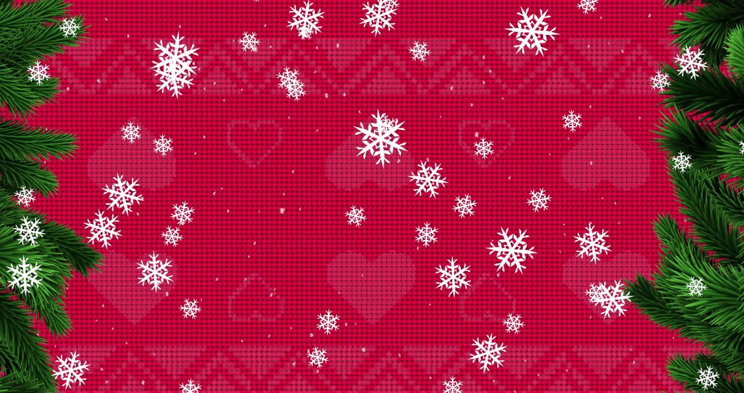 Falling Snowflakes on Red Christmas Background with Fir Branches - Free Images, Stock Photos and Pictures on Pikwizard.com