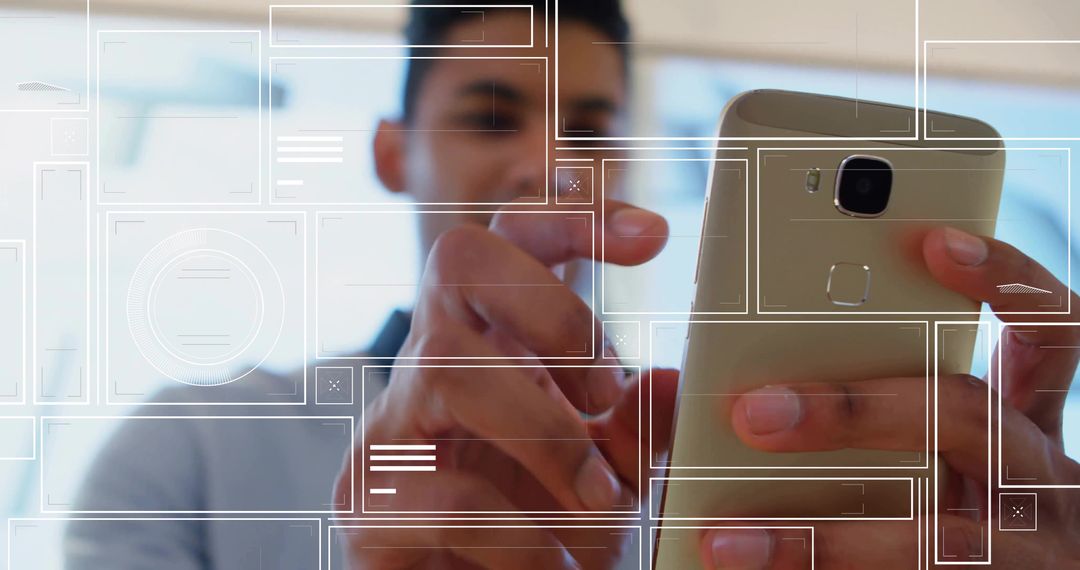 Modern Professional Using Futuristic UI on Smartphone in Office