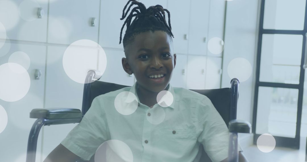 Joyful Child in Wheelchair with Artistic Light Elements