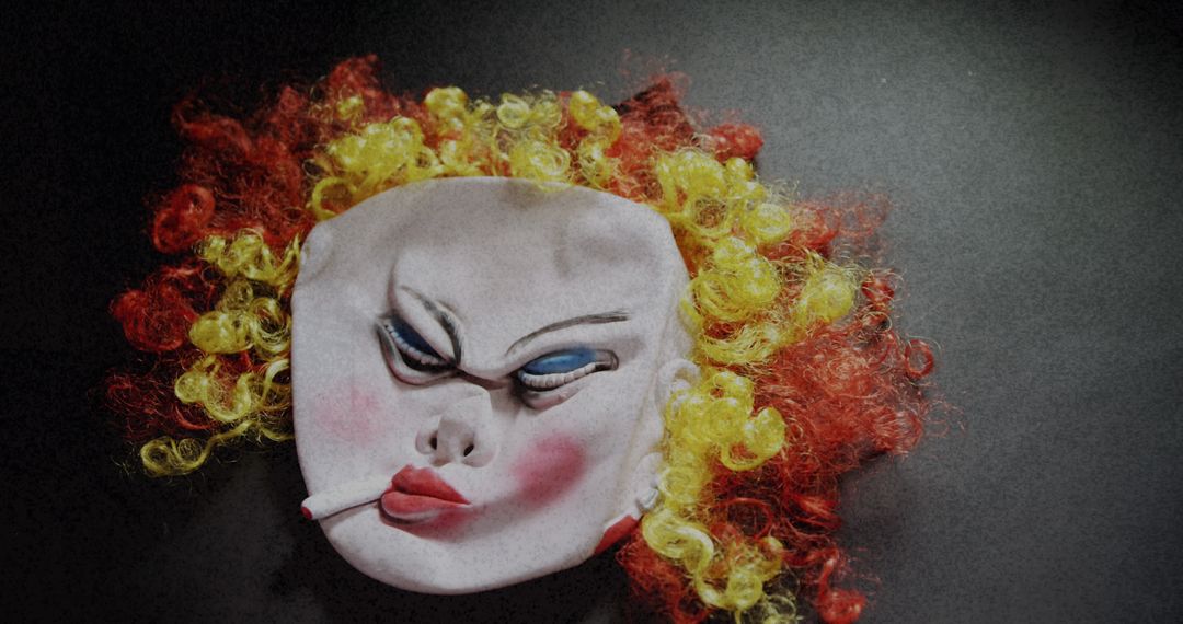 Eerie Clown Mask with Curly Red and Yellow Hair on Gray