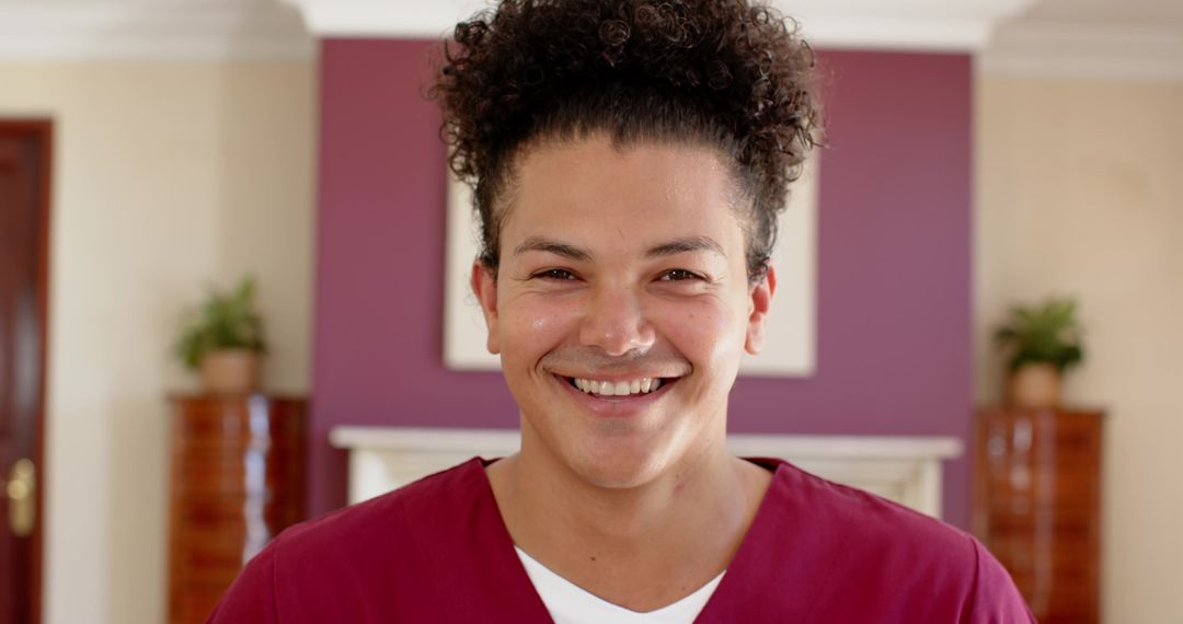 Smiling Healthcare Worker Relaxing in Contemporary Home Environment