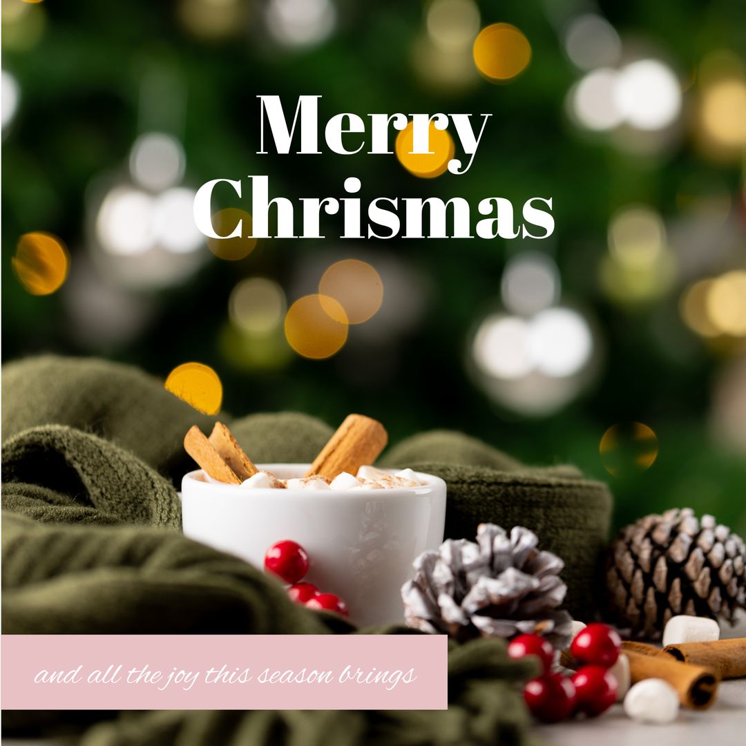 Festive Christmas Greeting Card with Hot Chocolate and Decorations