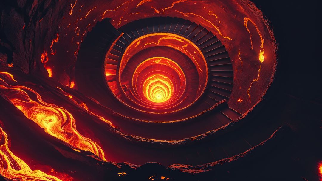 Spiraling descent into volcanic cavern with molten hell lava glows