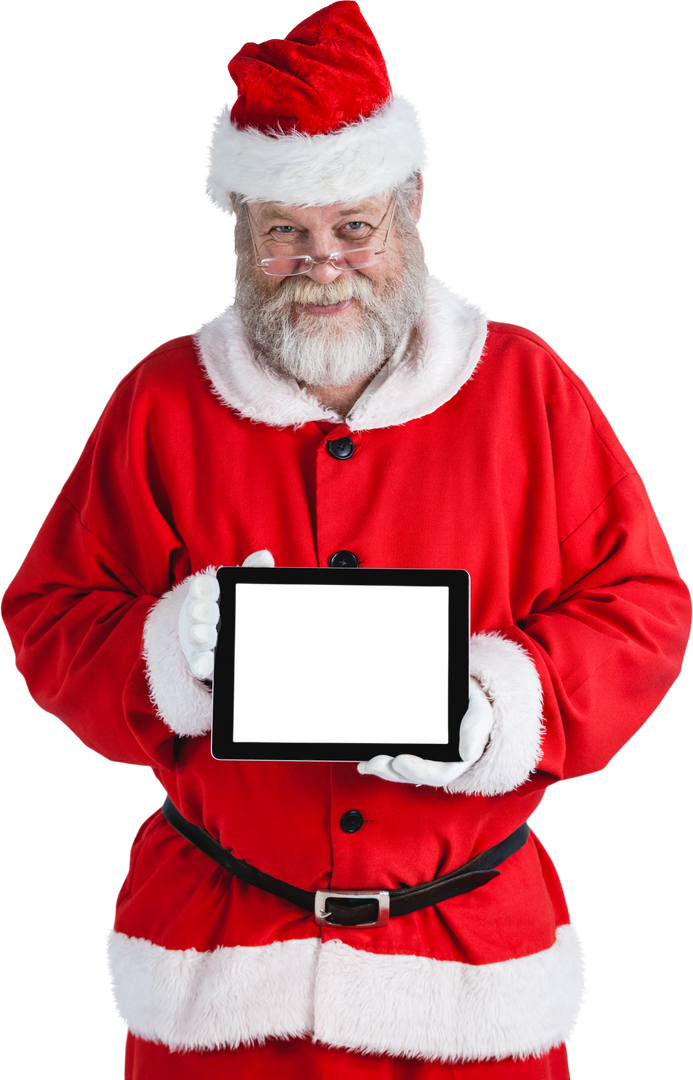 Cheerful Santa Claus Showing Digital Tablet on Transparent Background - Download Free Stock Images Pikwizard.com