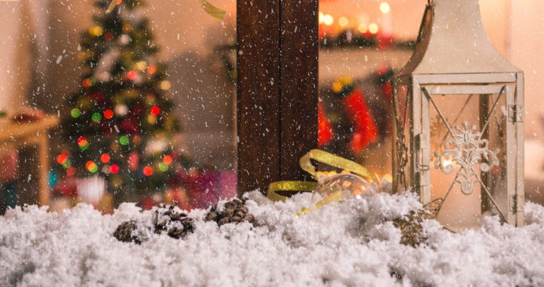 Christmas Tree through Frosted Window with Snow Falling