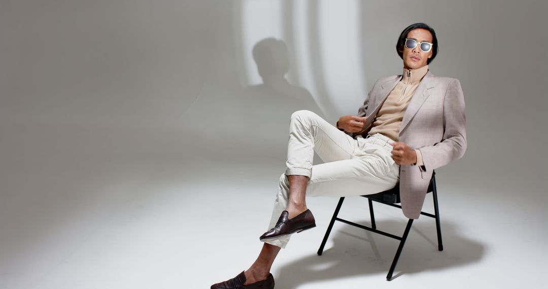 Stylish Asian Man in Minimalist Studio Setting with Beige Outfit