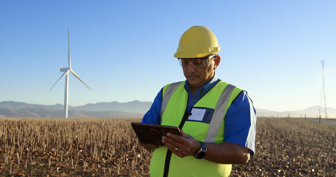 Engineer in protective gear inspecting wind turbine on tablet in sunny field - Free Images, Stock Photos and Pictures on Pikwizard.com