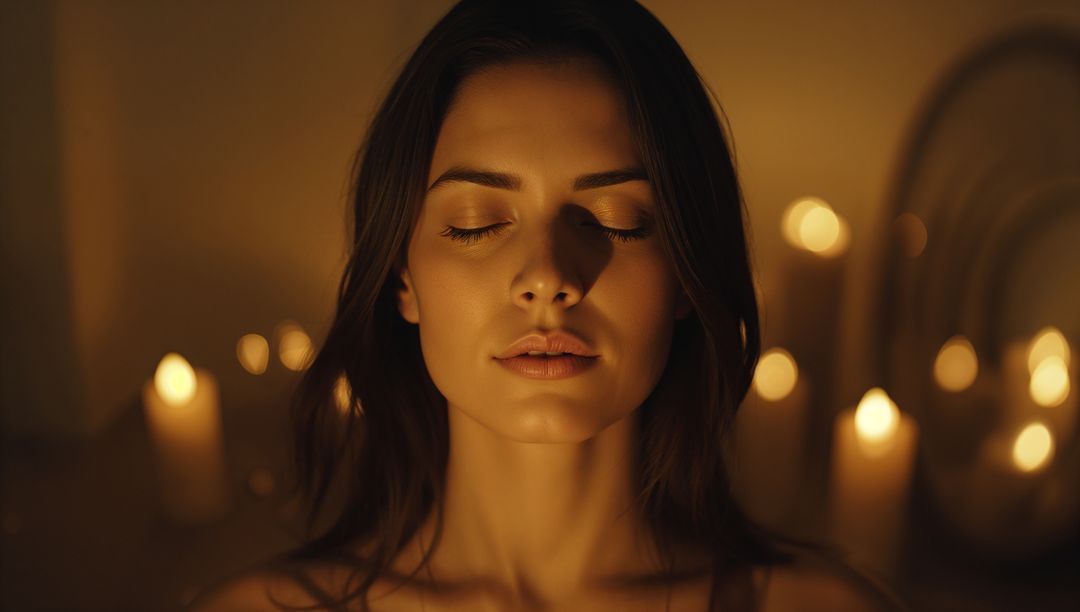 Woman Meditating in Candlelit Serenity for Mindfulness and Relaxation