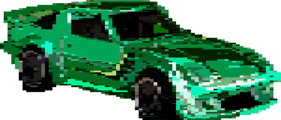 Pixel Art Green Coupe with Tinted Windows and Black Wheels on Transparent Background