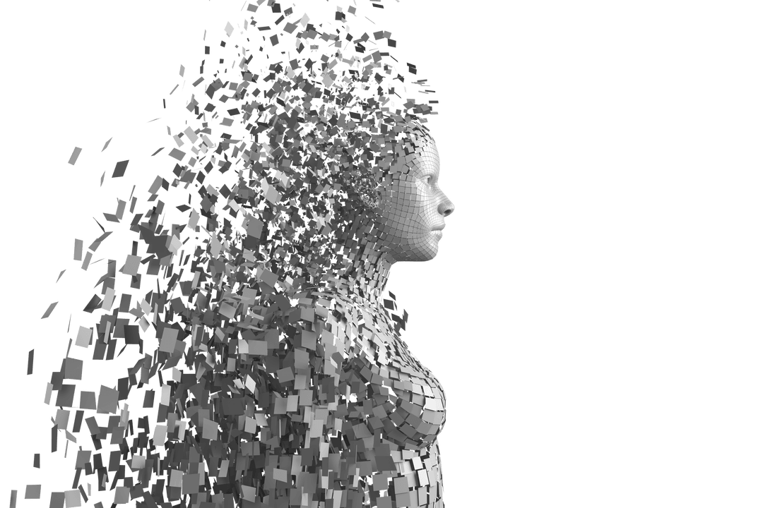 Digital Human Model on Transparent Background Disintegrating into Pixels