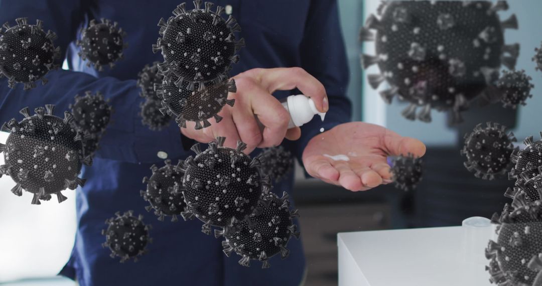 Office Worker Sanitizing Hands Amidst COVID-19 Virus Visualization