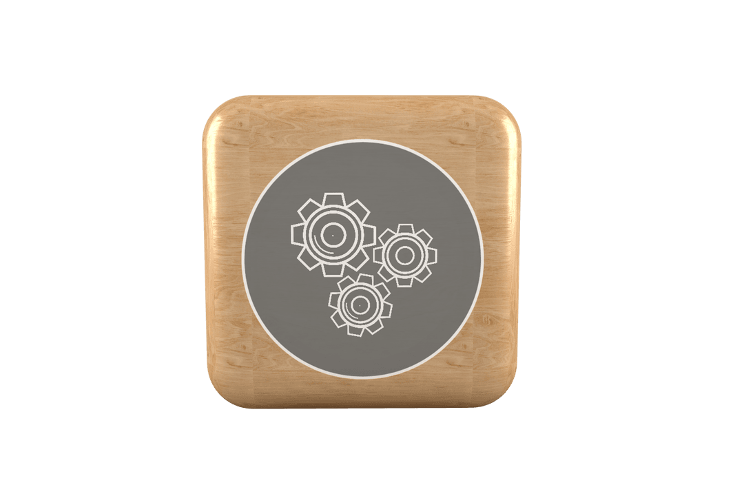 Transparent Brown Cube with Cog Icon Symbolizing Engineering Concept
