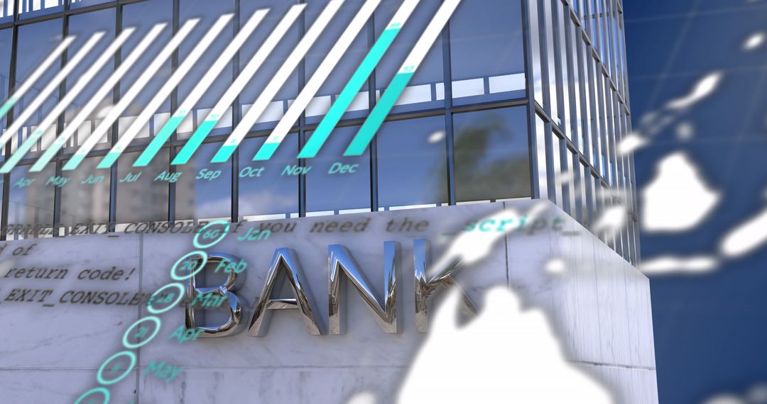 Modern Bank with Holographic Financial Bar Chart and Data Code Display