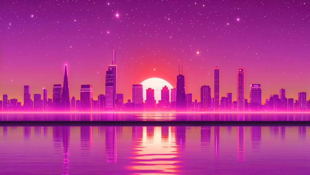 Futuristic Cityscape in Neon with Reflective Water